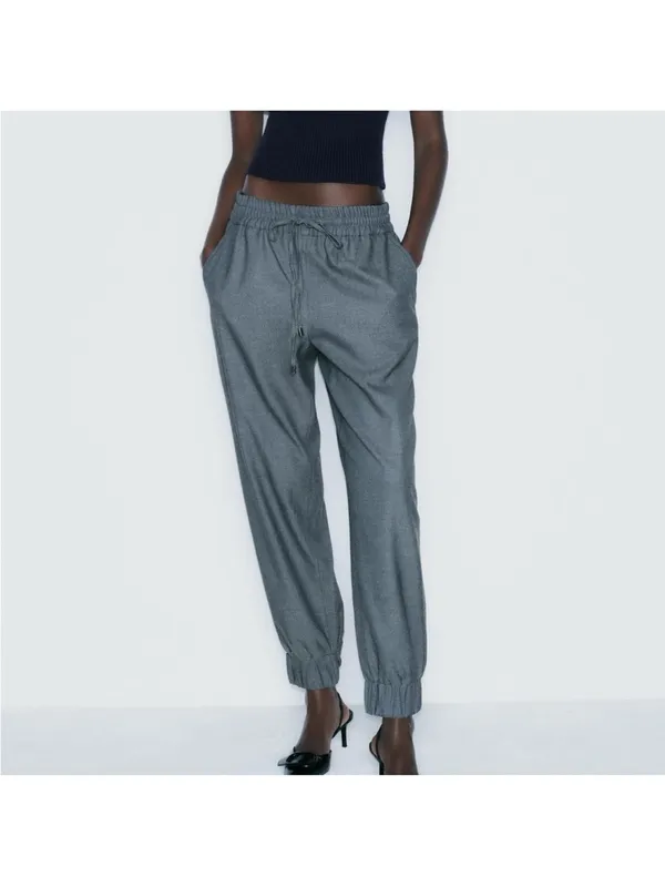 Zara Light Gray Elastic Waist Drawstring Pants - Image 3