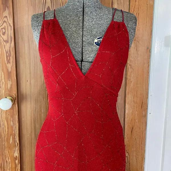 J USA Red Beaded Strappy Back Y2K Maxi Evening Dress Vintage 90’s Sz Large💛🍄 - Image 4