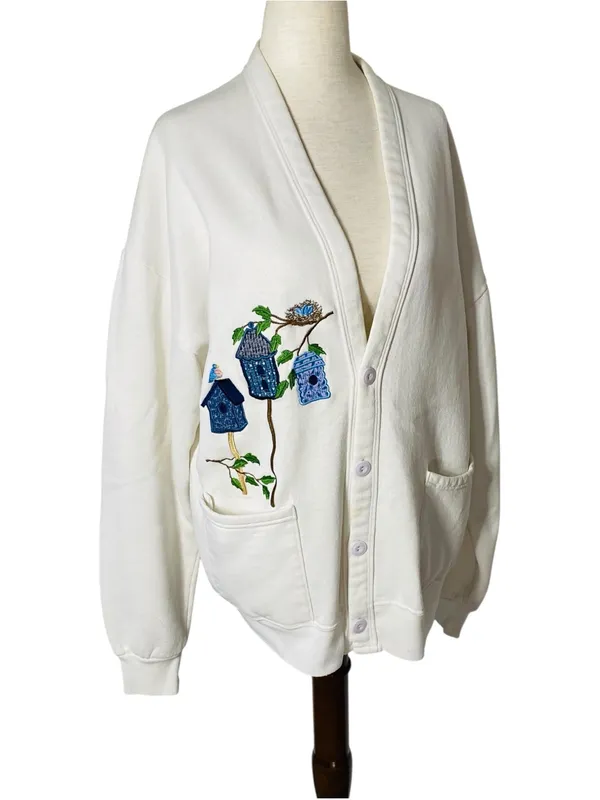 VINTAGE JERZEES Embroidered Birds Birdhouse Cardigan - Image 2