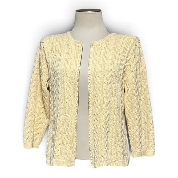 Christopher & Banks 100% Cotton Cable Knit Sweater Zip Up Light Yellow Large - Image 2