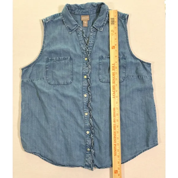 Chicos Blue Sleeveless Ruffle Denim Shirt Button Front Size 3 L XL - Image 9