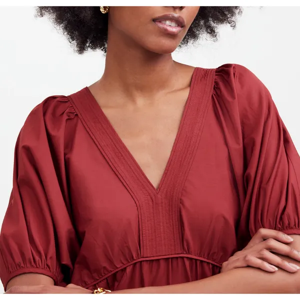 Madewell Puff Sleeve Mini Dress Poplin Claret Burgundy A Line Pockets XL NWT - Image 5