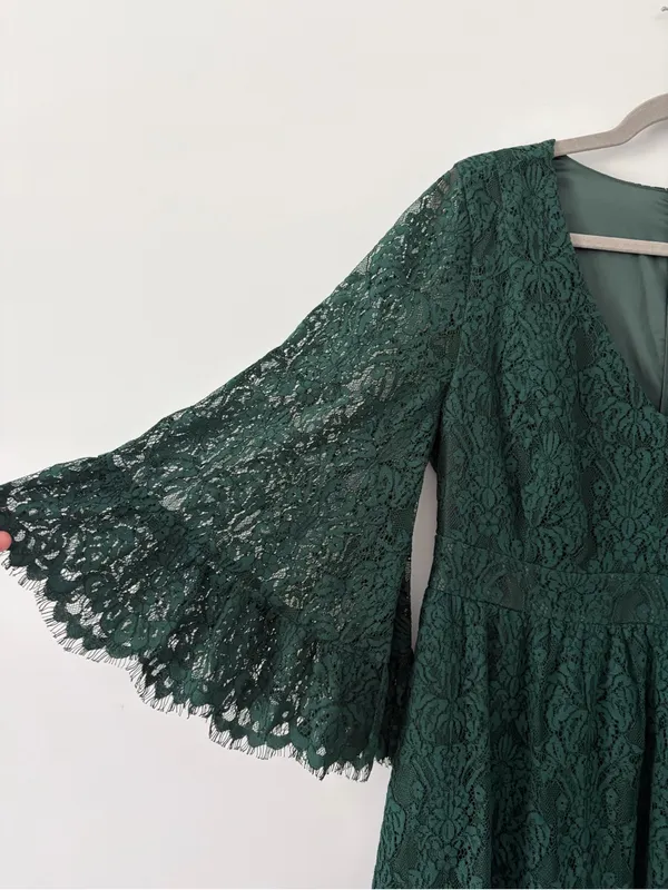 ModCloth Through the Bluebells Forest Green Lace 3/4 Bell Sleeve Mini Dress L - Image 3