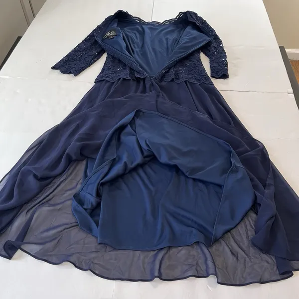 Alex Evenings Navy Blue Sequin Lace Chiffon Midi Special Occasion Dress Size‎ 6 - Image 7