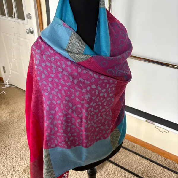 Pashmina Wool Soft Colorful Scarf Shawl Pink Blue Cotton Candy Fairy Tassels - Image 3