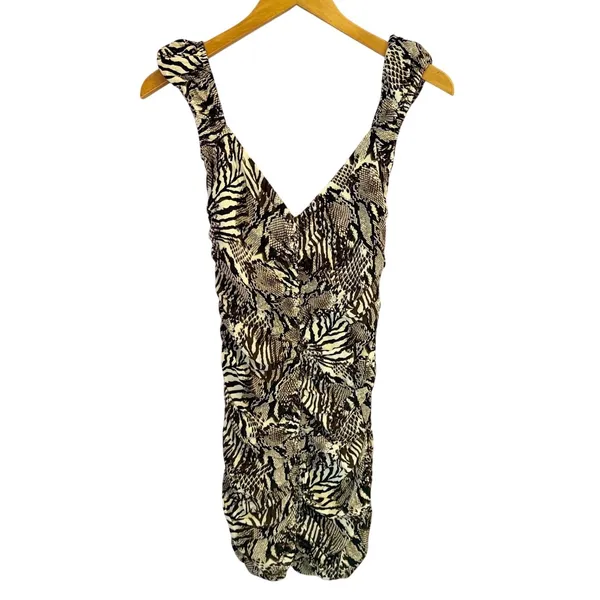 Aritzia Wilfred Veda Mini Dress Animal Print Brown Cream Ruched Cocktail‎ Size 2 - Image 2