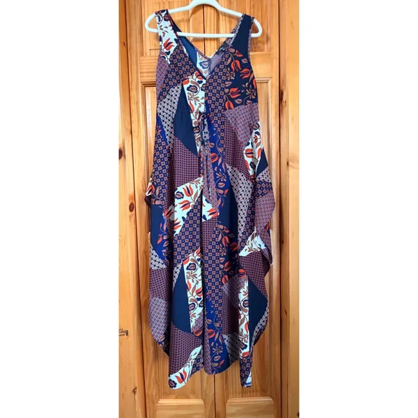 NWOT Lulus Bon Voyage Navy Blue Mixed Print Wide Leg Jumpsuit Slit Pants XS - Image 7