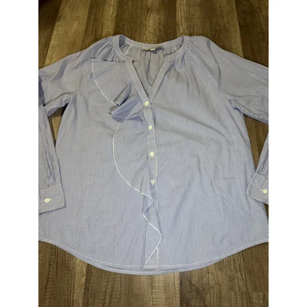LOFT Womens Blue White Striped Ruffle Front‎ Button Down Cotton Blouse Size M - Image 5