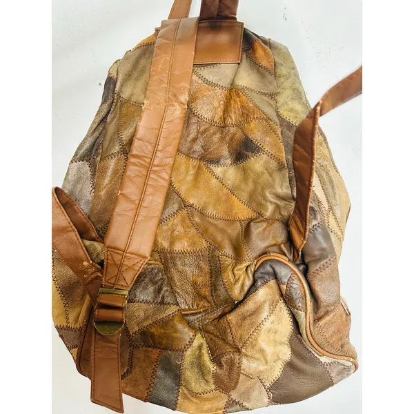 Vintage 1980s/90s Brown Leather Patchwork Clip Front Drawstring Backpack Bag - Image 10