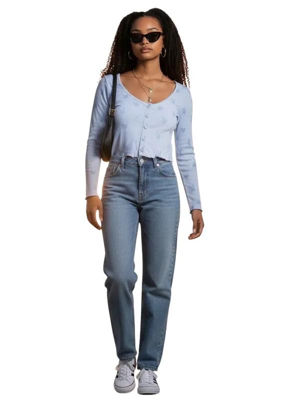 Playboy PacSun Y2K Bunny Heart Print Blue Cropped Cardigan Top Womens Small GUC - Image 2