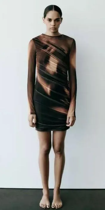 dress mini long sleeve brown tulle ruched party evening cocktail - Image 3