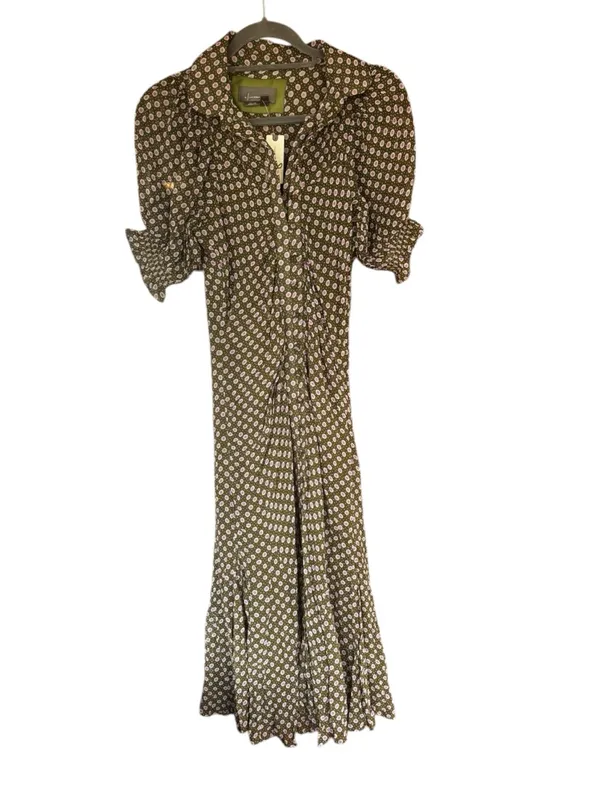 NWT Anthropologie Button Front Puff Sleeve Midi Dress -‎ Moss Green Floral 0 - Image 5