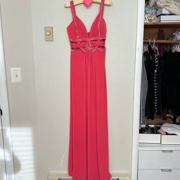 Guess Beaded Grecian Prom Dress Long Length Maxi Formal Coral Pink 2010s Silver - Image 2