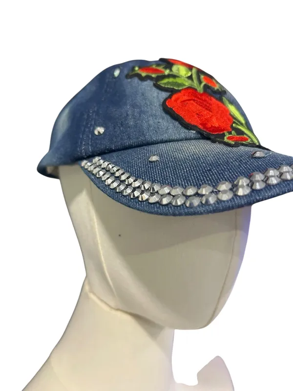 Y2K Denim Rose Baseball Cap Rhinestone Floral Coquette Western Bling Hat - Image 2