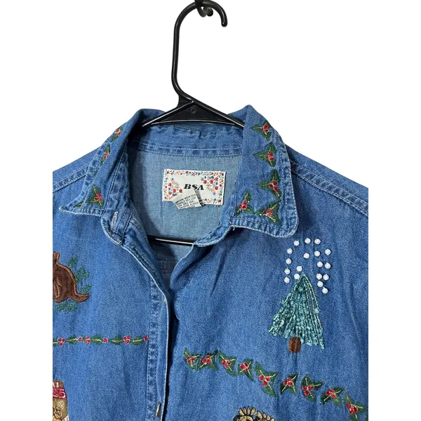 Vintage 90s BSA Embroidered Denim Shirt Noah's‎ Ark Animal Print Medium - Image 2