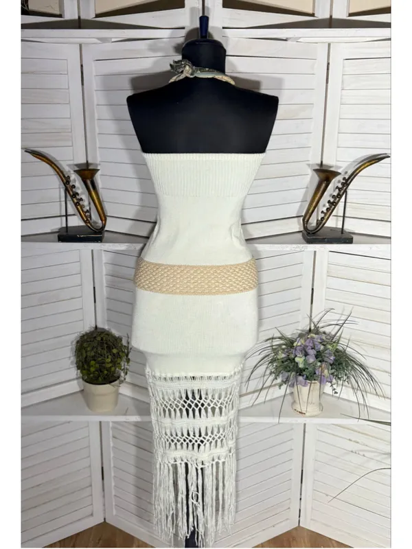 Vintage Y2K cotton knit dress strapless fringes boho coquette coastal cowgirl S - Image 2