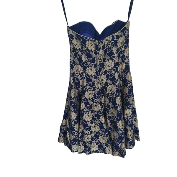 VTG 90s Strapless Sweetheart Floral Mini Dress Gold Foil Navy Size 6 Homecoming - Image 5