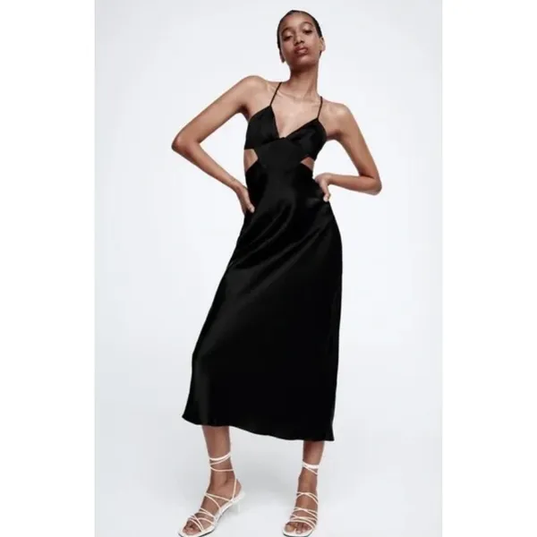 NEW Zara Black Silk Satin Sleeveless Cutout V Neck Strappy Midi Slip Dress Sz XS - Image 3