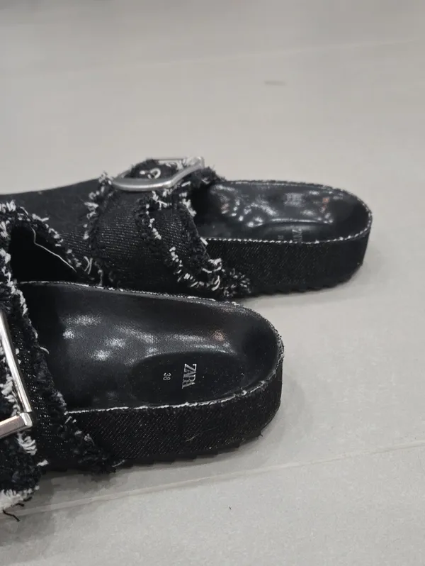 Zara Woman's Black Denim Slip-On Sandals With Buckle Size 7.5US/ 38 - Image 5