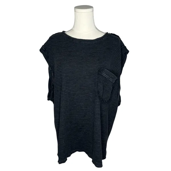 Free People We The Free Black Striped Cap Sleeve Oversized Boxy Our Time Tee Shirt - Image 2