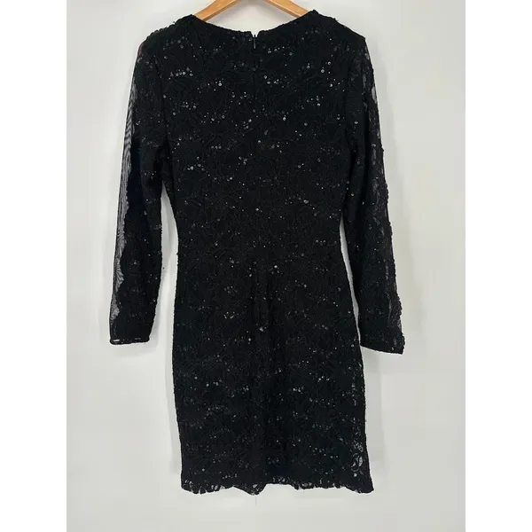 Lauren‎ RALPH LAUREN Lace Sequin Black Dress 14 Ruched Waist Sheer Sleeve Formal - Image 5