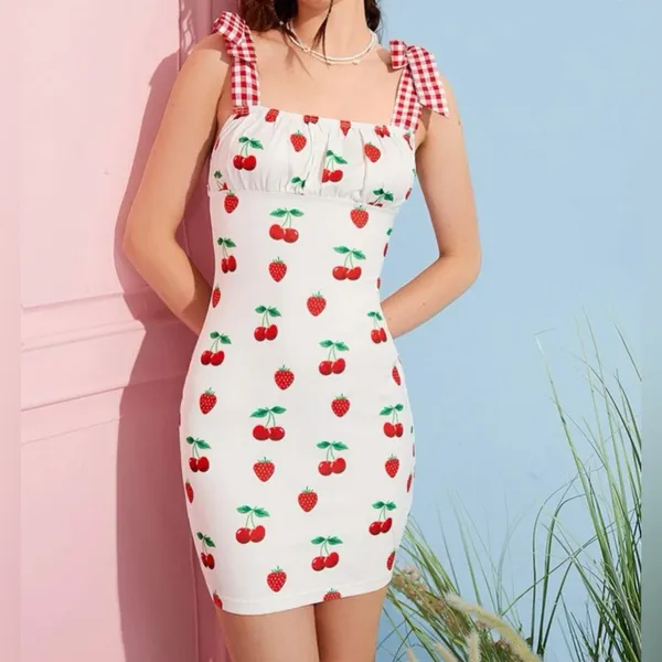 💜Retro Strawberries & Cherries Gingham Strap Dress - Image 2