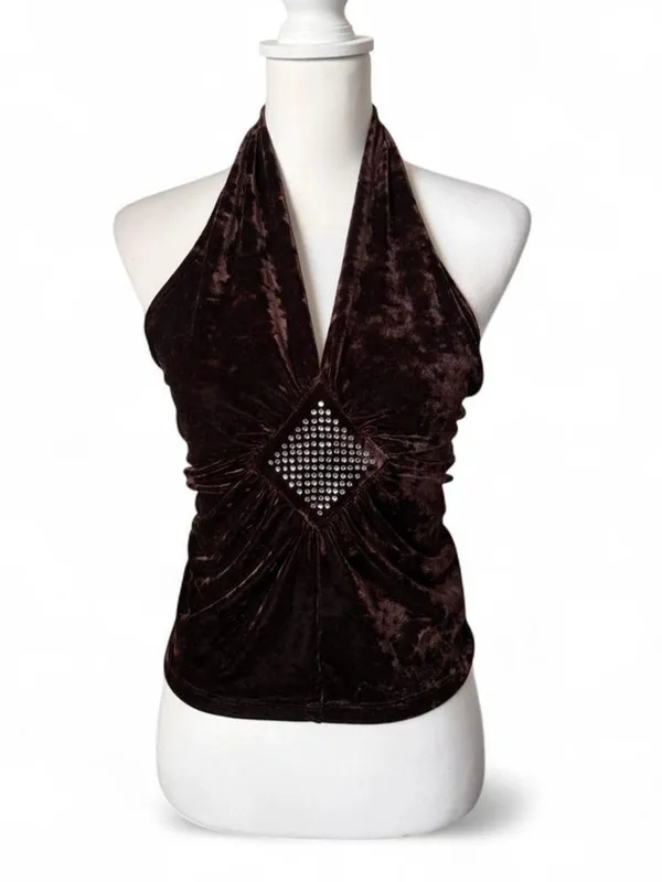 Poetry Y2K Brown Velvet Halter Top - Image 2