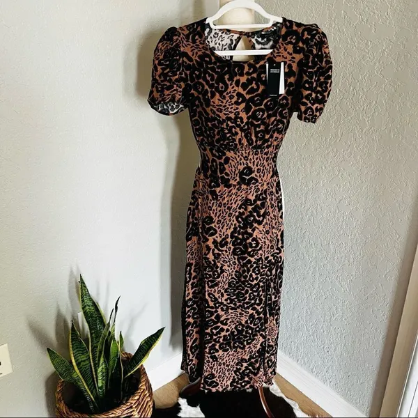 AFRM Jamie Print Open Back Short Sleeve Dress, Brown/Black Animal, Small, NWT‎ - Image 7