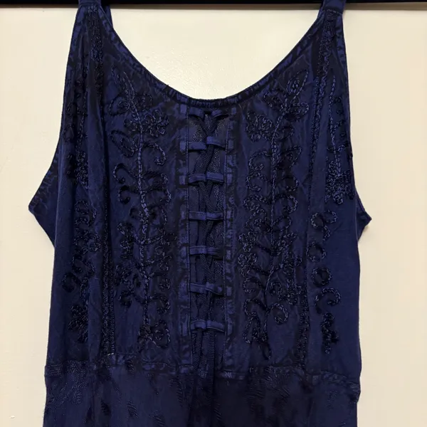 Under One Sky Navy Embroidered Boho Maxi Dress Lace Up‎ Smocked Back Ruffle Hem whimsygoth - Image 5