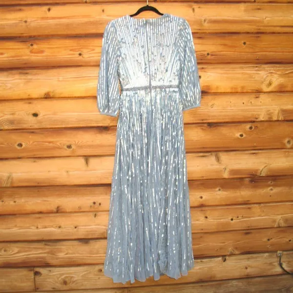 Mac Duggal Size 4 Blue Sequin Wrap Over 3/4 Sleeve Maxi Dress Gown - Image 8