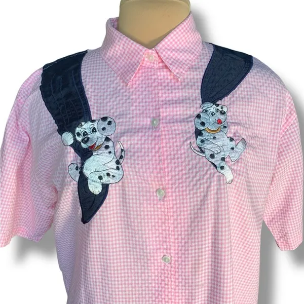 Vintage‎ 80s Embroidered Shirt Pink GinghamTop Plaid Button Up Dalmatian Puppy - Image 3