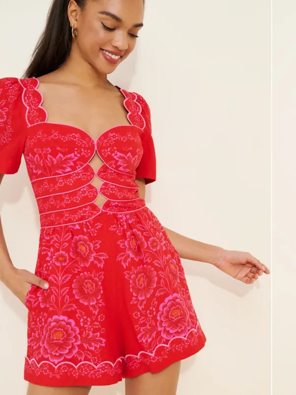 FARM Rio Olivia Red Floral Puff-Sleeve Mini Romper - Image 3