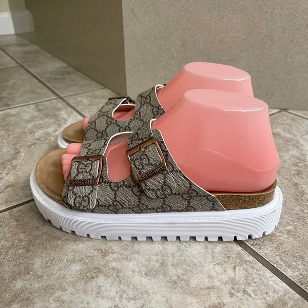 Birkenstock Arizona Platform Monogram Sandals Brown Tan White Lug Sole 38 L7 M5 - Image 3