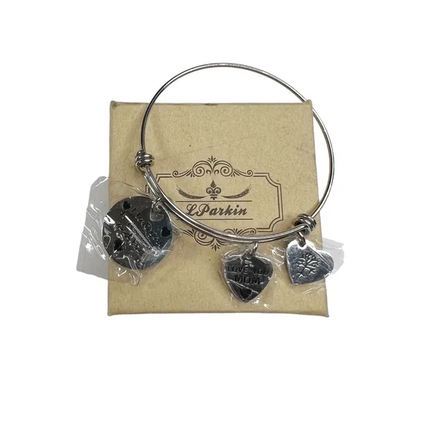 New Silver Tone Love You Mom To The Moon And Back Charm Wire Bangle Bracelet - Image 2