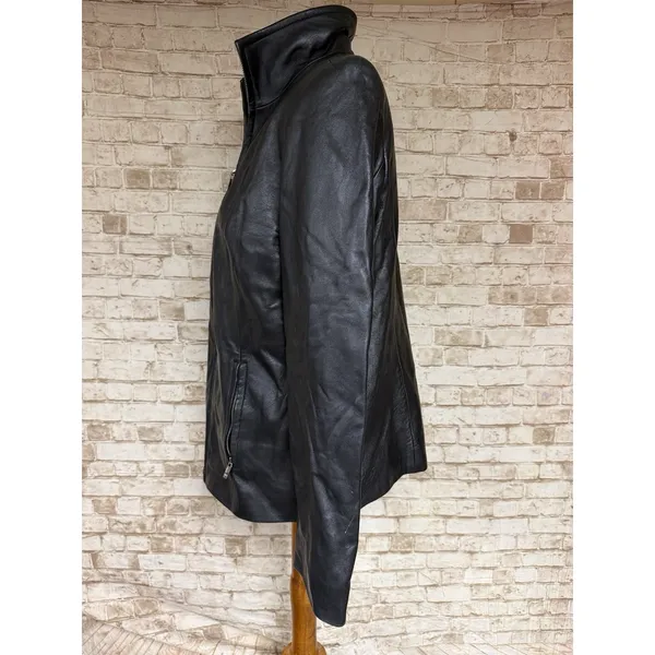 Valerie Stevens Black Lamb Leather Jacket Womens Medium Zip Front Mock Neck Coat - Image 2