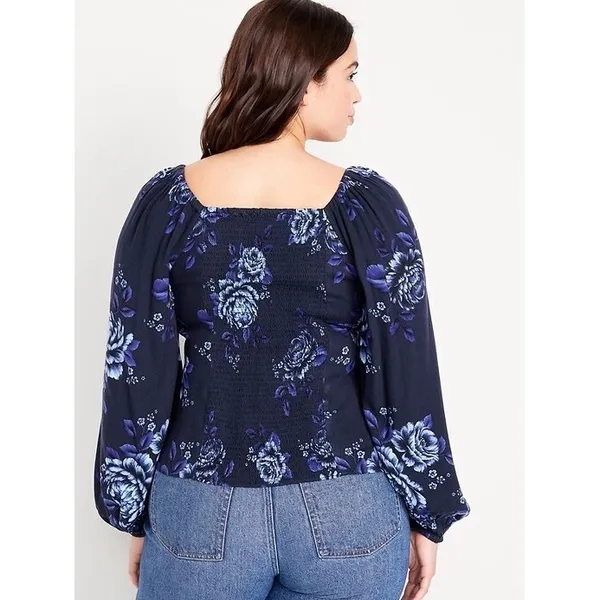 Old Navy Floral Babydoll Blouse XL Square Neck Blue Long Sleeve Cottagecore - Image 2