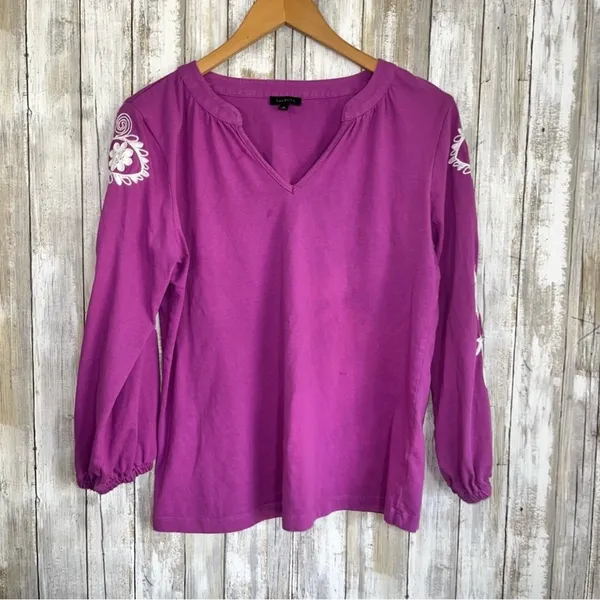 Talbots Purple Embroidered Floral Split Neck Tee •Medium - Image 2