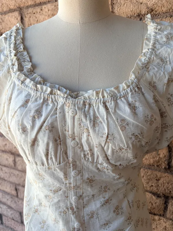 Nectar | Cream Floral Puff Sleeve Button Front Mini Dress | L - Image 9