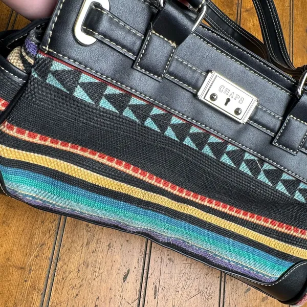 Chaps Black Faux Leather Woven Southwestern Multi Color Stripe‎ Shoulder Bag - Image 4