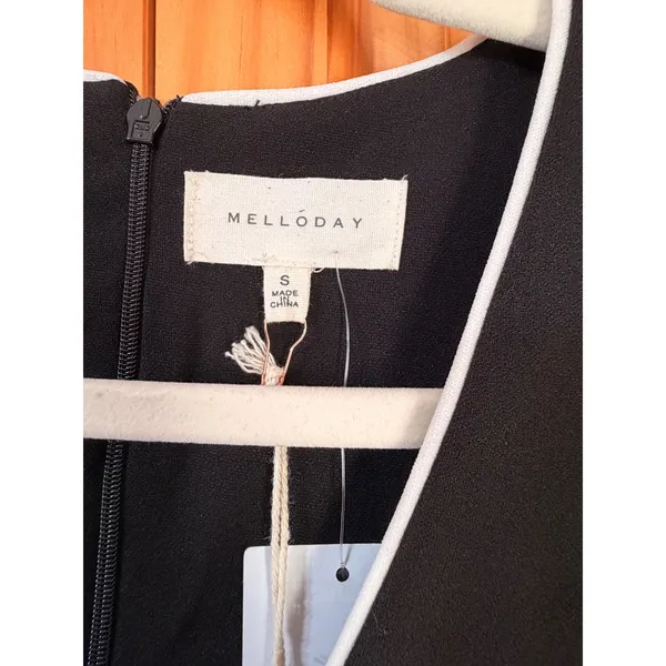 Melloday NWT Black Ruched Asymmetric Midi Dress Contrast Trim VNeck Sleeveless S - Image 5