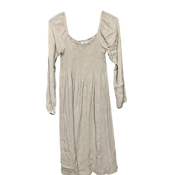 NLT Smocked Midi Dress WomensMedium Tan Polka Dot Square Neck Long Sleeve ND7263 - Image 2