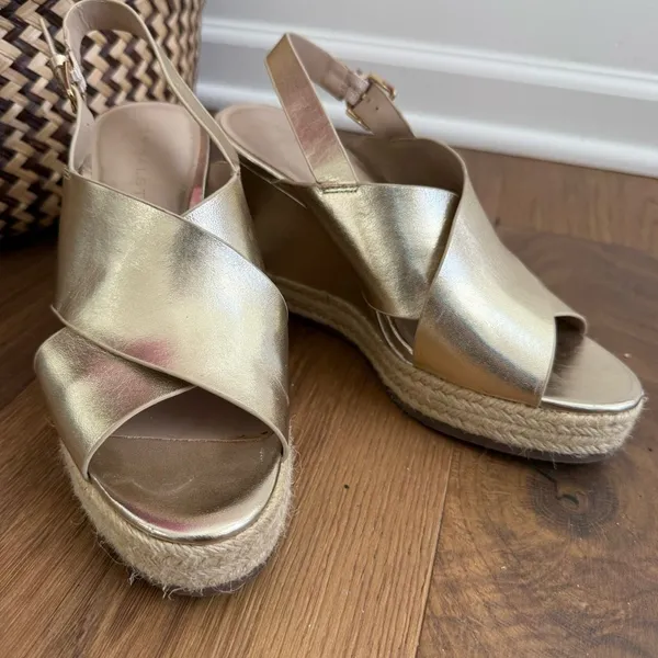 H by Halston Gold Leather Stella Slingback Wedge Sandal 7 - Image 3