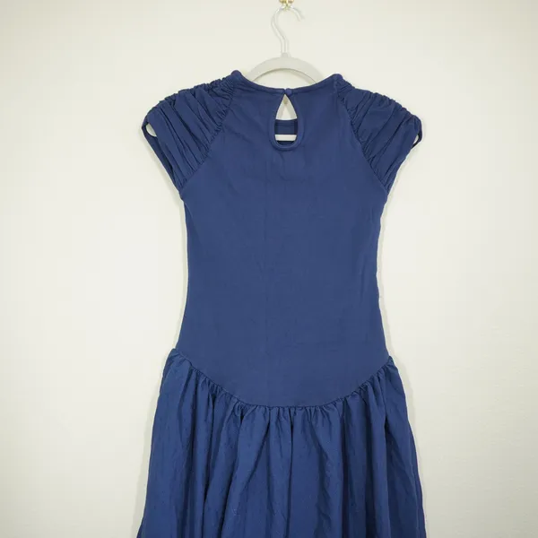 Free People XS Midi Dress Navy Blue Pleated Cap Sleeve Drop Waist Casual Daytime - Image 9