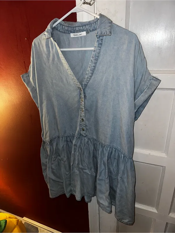 Mustard Seed Lyocell Chambray Shirt Dress Drop Waist V-Neck Cuffed Sleeve Boho - Image 4