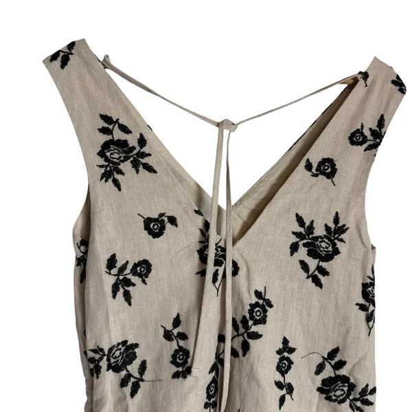 Abercrombie & Fitch Linen Beige Black Embroidered Floral V-Neck Mini Dress XS - Image 3