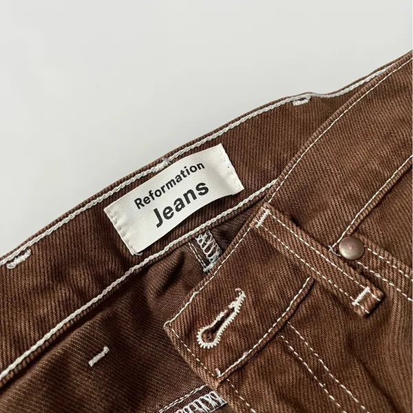 Reformation • Cowboy Straight Chocolate Wash Jeans with White Stitching - Image 6