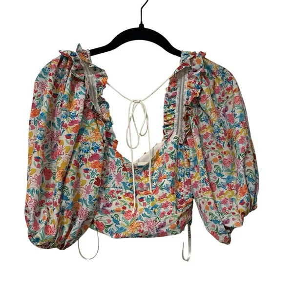 For Love & Lemons Multi Color Floral Claude Puff Sleeve Crop Top Size XS - Image 5