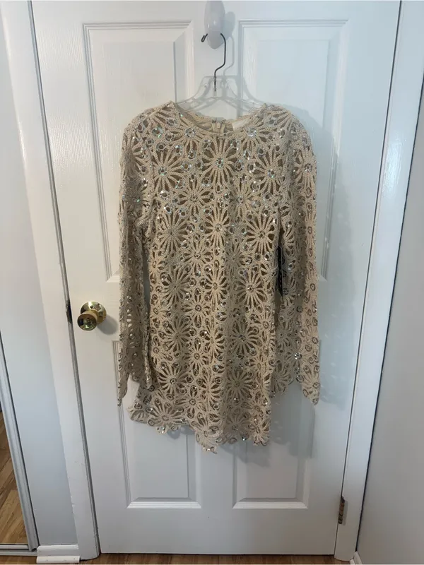 Hyacinth House Beige Sequined Crochet Carrie Mini Dress S - Image 2