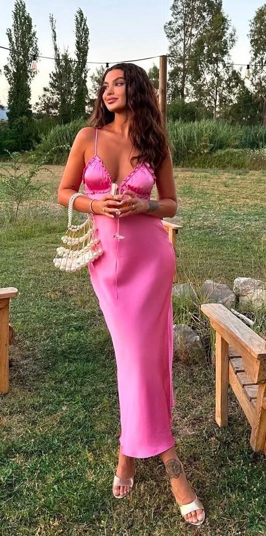 ZARA maxi dress hot satin pink lingerie style ruffled midi party Wedding cocktail Valentine’s date - Image 2