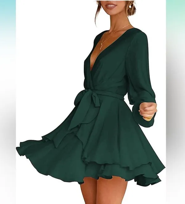 NEW Dress Deep V-Neck Long Sleeve Waist Tie Ruffle Mini Swing Green Medium - Image 5